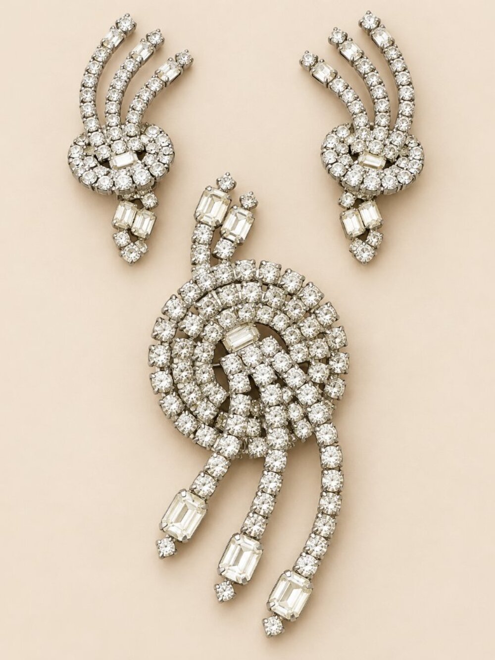 Vintage Clear Rhinestone Swirl Brooch & Clip-On Earrings Set